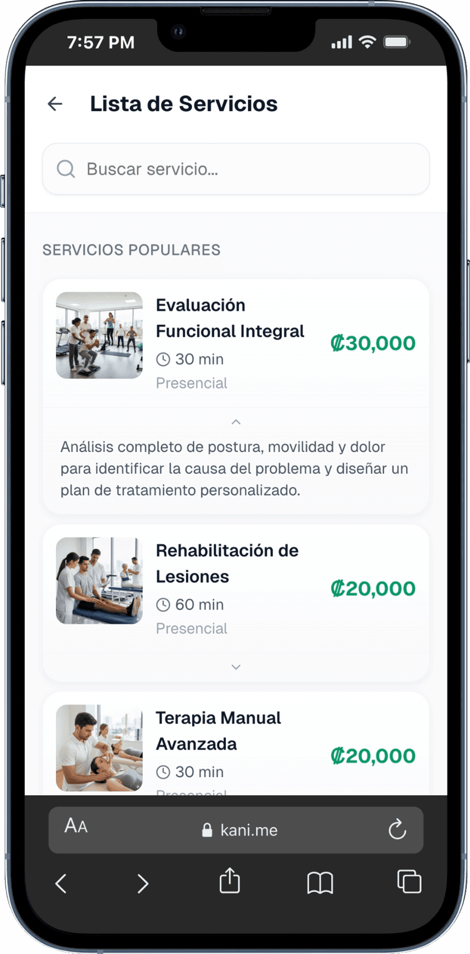Lista de servicios con precios en Kani