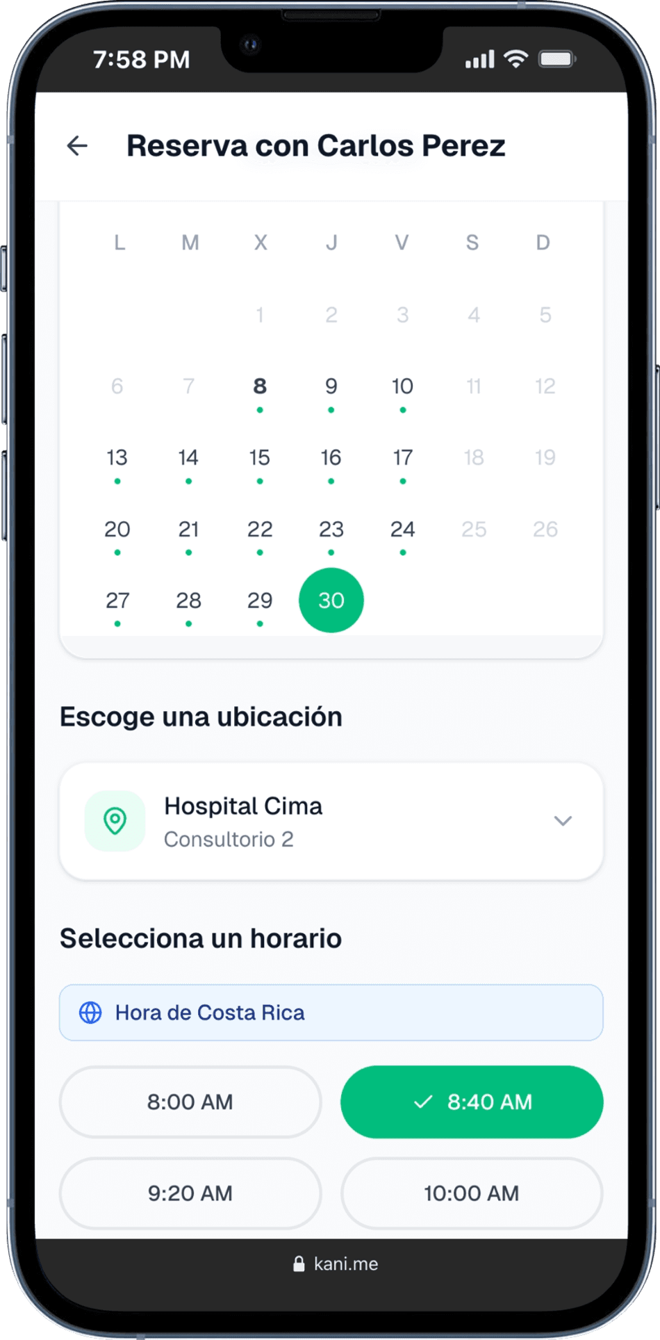 Selección de fecha y hora en Kani